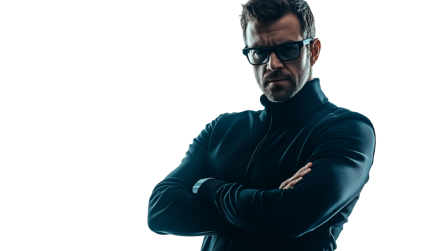 Cybersecurity expert in a dark stylish outfit, sharp and serious gaze, modern and professional, isolated PNG