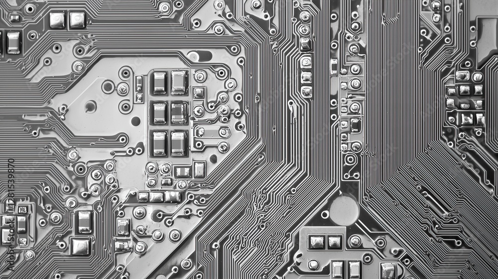 Poster view of circuit board pathways and electronic components in silver tones
