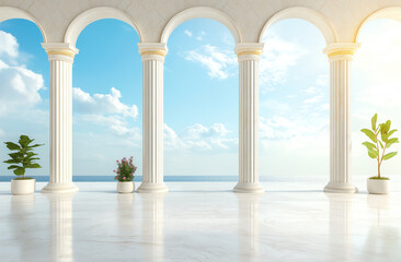 Fototapeta premium Elegant white marble columns with arches showcase stunning view of ocean and sky. Lush green plants in pots add touch of nature to this serene architectural space
