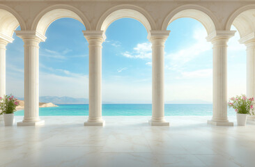 serene view of white marble columns with arches overlooking tranquil sea. bright sky and gentle waves create peaceful atmosphere, perfect for relaxation