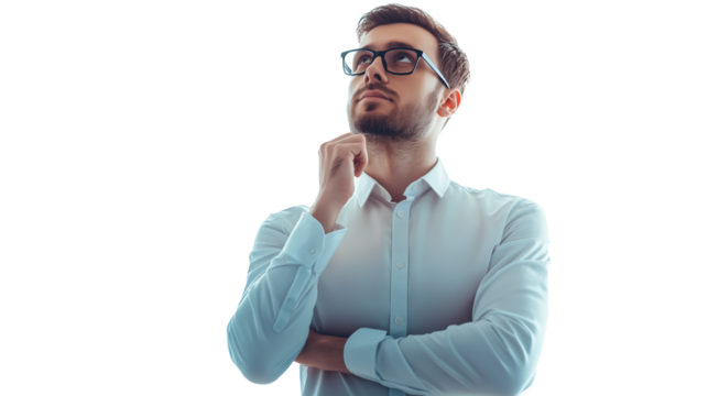 AI researcher in modern business-casual outfit, deep in thought, futuristic feel, isolated PNG