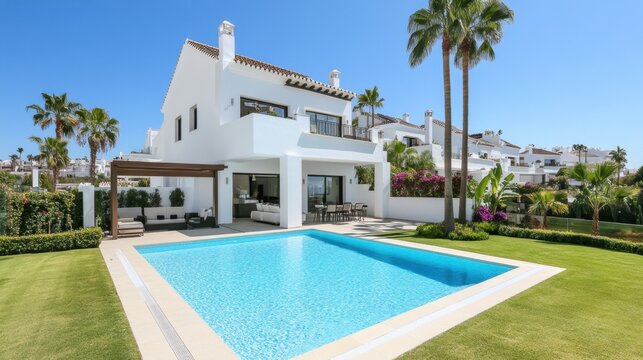 Luxurious villa with turquoise pool and palm trees under clear blue sky in sunny day capturing modern architecture and serene atmosphere - Powered by Adobe