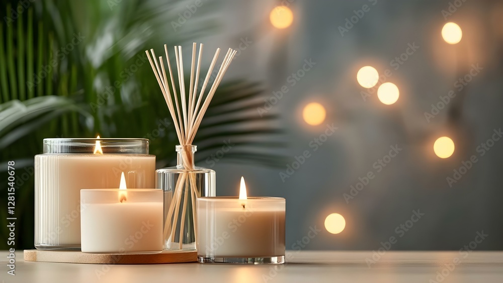 Poster a serene arrangement of candles and a diffuser with decorative reeds, set against a softly lit backg