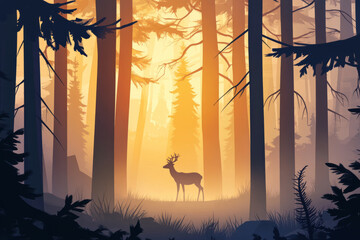 Illustration of a serene misty forest at sunrise, where golden light filters through towering pine trees. The dense fog swirls between the trunks, and a small deer stands quietly in the distance,