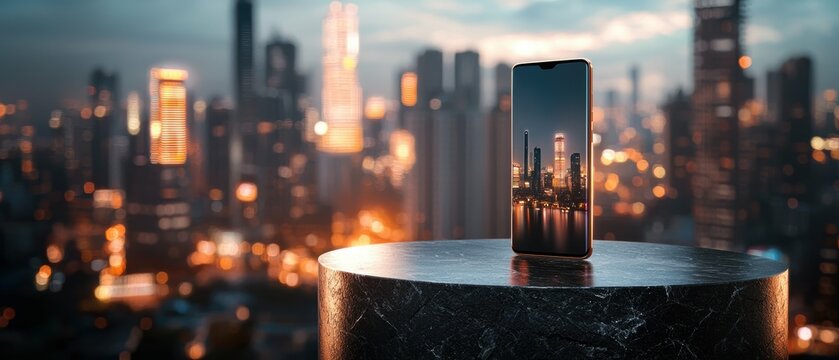 High-end smartphone displayed on black stone podium with cityscape background urban technology photography