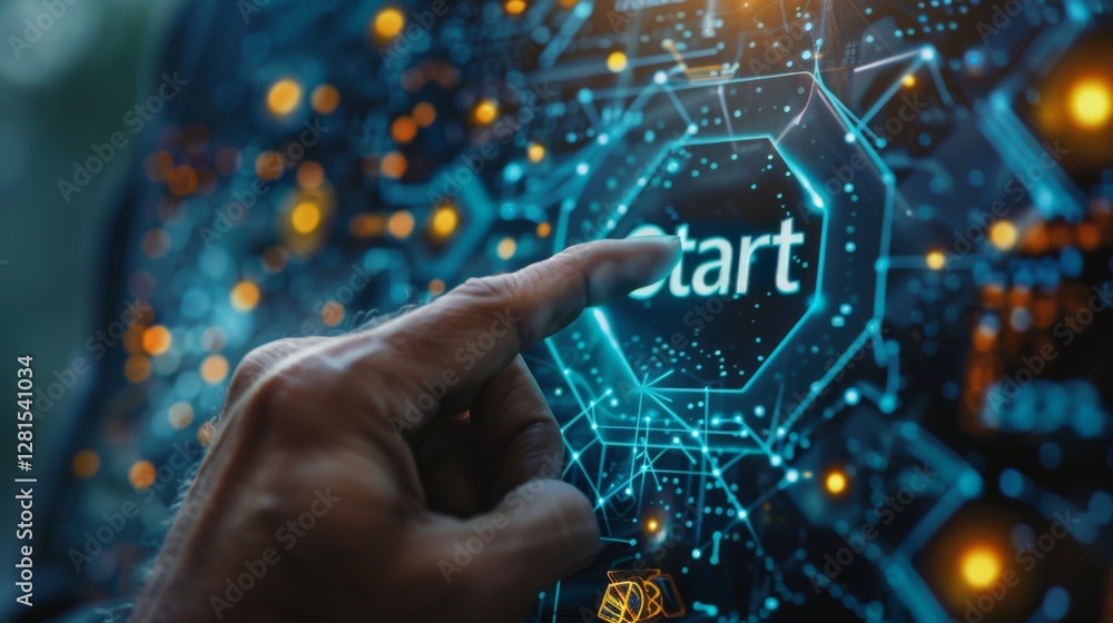 Poster tech interface where a hand is poised to press a glowing start button amidst digital circuitry