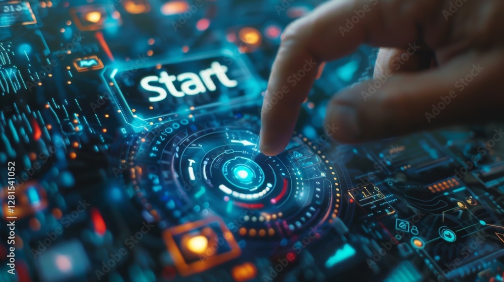 Poster finger touching a digital start button on a vibrant touchscreen interface at a futuristic technology