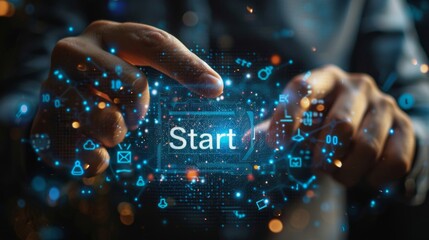 Interactive digital interface showcasing hands initiating a technology-driven experience in modern workspace