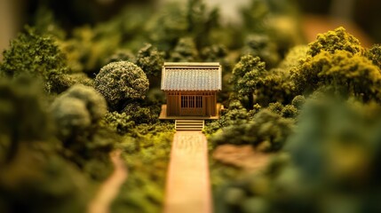 Diorama scene of a tiny countryside road leading to a peaceful wooden home surrounded by greenery.