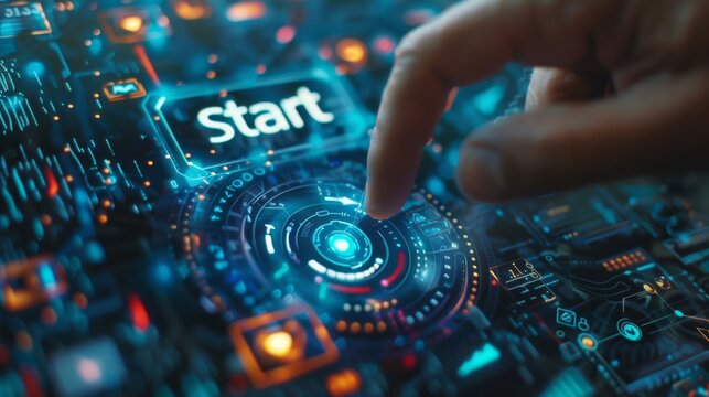 Finger touching a digital start button on a vibrant touchscreen interface at a futuristic technology exhibition