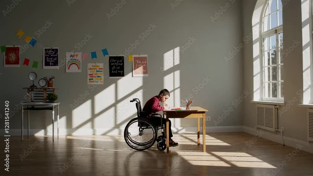 Poster wheelchair using student studying intently, bathed in soft classroom sunlight, positioned near color