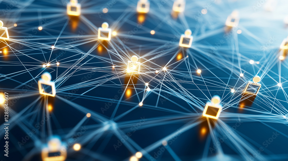 Aufkleber network of interconnected nodes with glowing connections on blue background, symbolizing digital com