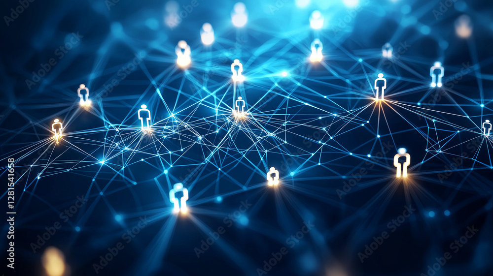 Poster digital network with glowing connections and abstract figures representing people