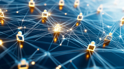 Fototapeta premium network of interconnected nodes with glowing connections on blue background, symbolizing digital communication and technology