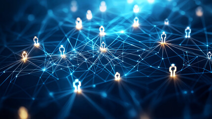 Digital network with glowing connections and abstract figures representing people