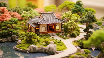 Diorama-style scene of a miniature countryside house surrounded by bonsai trees and pathways, evoking a peaceful atmosphere.