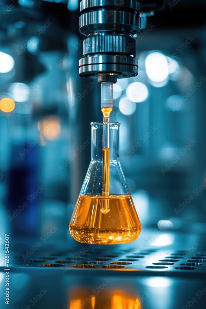 Aufkleber chemical analysis experiment in a laboratory showcasing a flask with orange liquid under microscope 