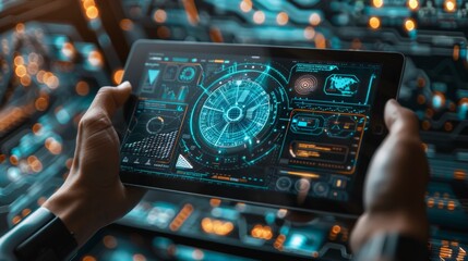 Hands interact with a futuristic digital tablet displaying complex graphs and data visualizations in a high-tech environment