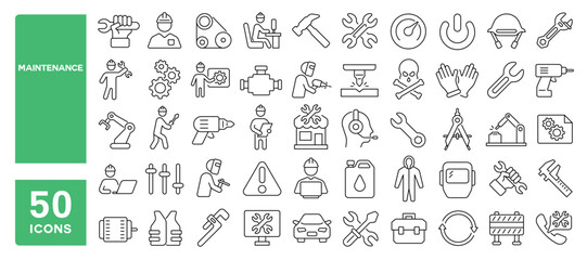 Set of 50 line icons related to maintenance, repair, labor, settings, toolbox, recovery, handyman, wrench, restore, replacement, mechanic, workshop, fix, Editable stroke. Vector illustration