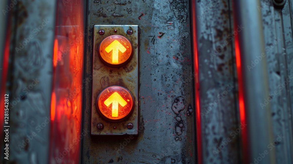 Poster illuminated elevator buttons signal upward movement in an urban setting during early evening hours