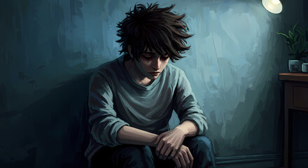Young man sad depressed sitting on the floor japanese manga style