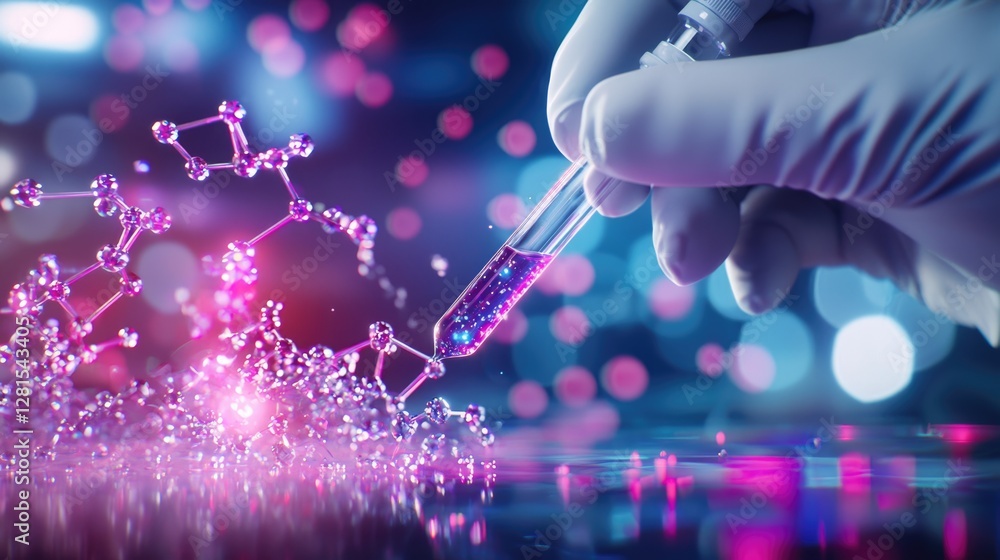 Poster dynamic chemistry experiment in a modern laboratory capturing molecular interaction and vibrant reac