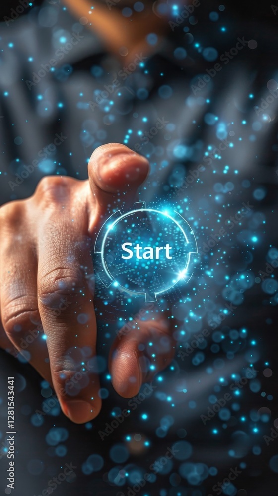 Aufkleber hand reaches toward glowing start button against a backdrop of blue sparkles displaying a technologi