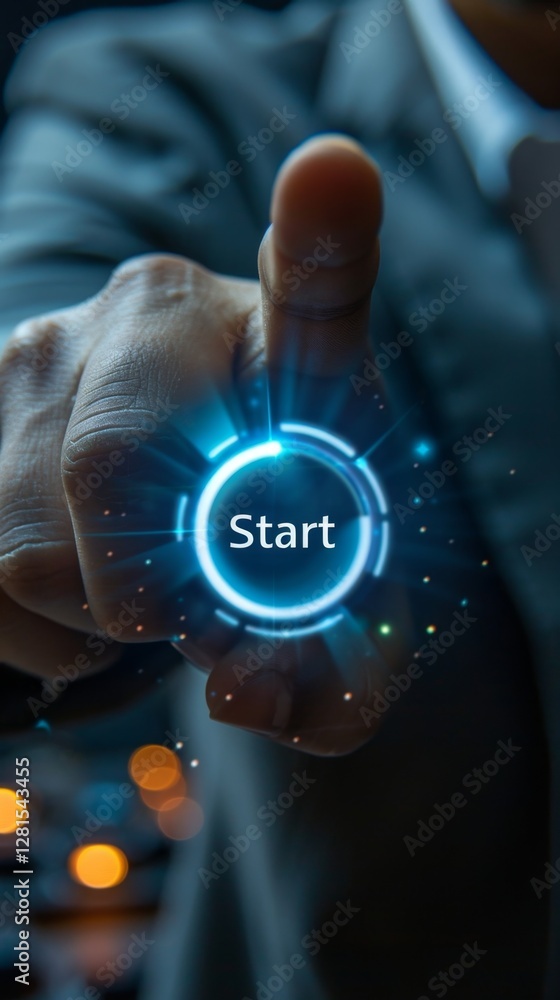 Poster hand pressing a glowing 'start' button in a technology-driven environment during a professional sett