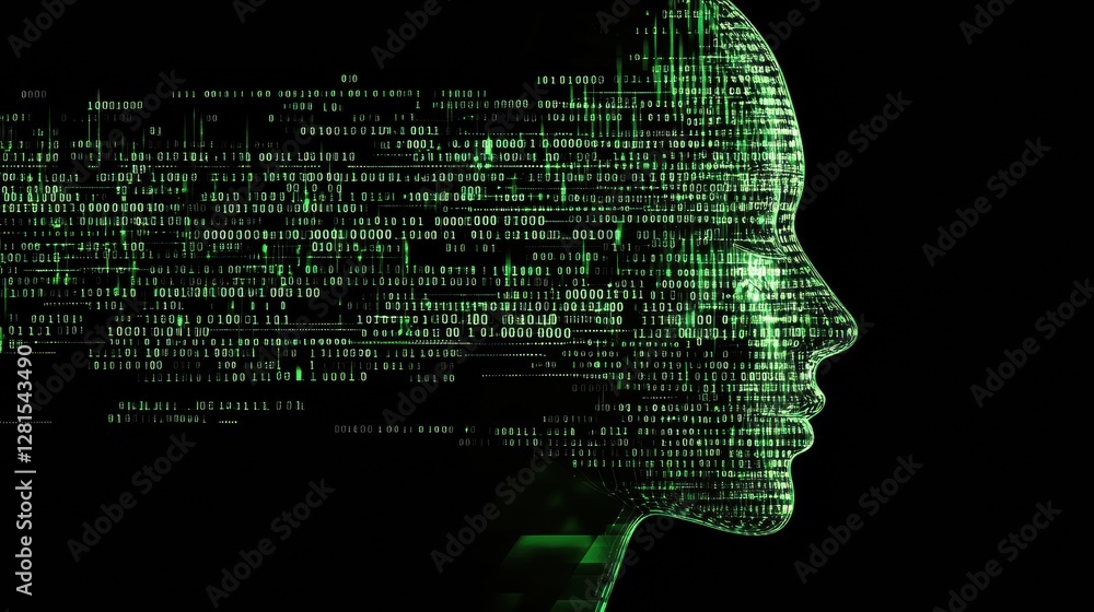 Aufkleber Human face outline merges with flowing binary code to illustrate futuristic artificial intelligence concept. Generative AI