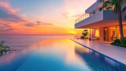 Modern Oceanfront House with Infinity Pool at Sunset
