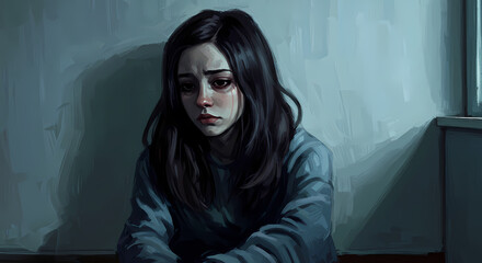 Young woman in the dark, depressed teenager loneliness
