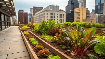 Fototapeta premium Urban rooftop garden with diverse plants amidst city skyscrapers.