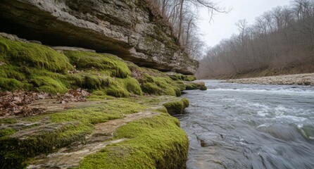 Moss-covered rocks along a creek in a misty ravine.  Possible use Nature photography, travel brochure