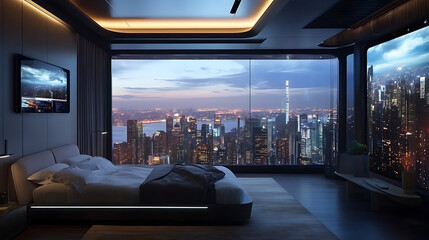 Fototapeta premium A high-tech bedroom featuring a panoramic cityscape view through a transparent smart window, with AI-controlled climate and lighting settings 