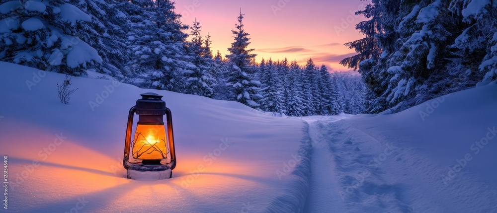 Poster enchanting winter landscape with glowing lantern illuminating snowy path through frosted trees at du