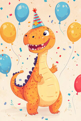 Fototapeta premium Illustration of a smiling dinosaur wearing a tiny party hat, surrounded by balloons and confetti. This cheerful and colorful cartoon style drawing makes the friendly dinosaur look like it's ready to