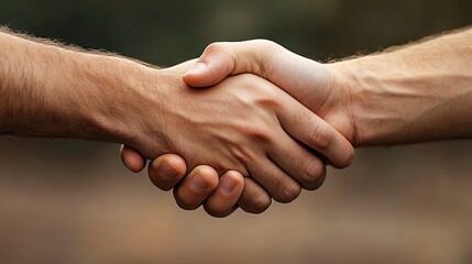 Close up Two Hands Shaking Showing Dirt and Texture Against Blurred Nature Background