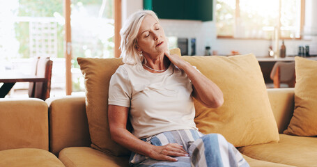 Senior woman, neck pain and arthritis in home, orthopedic joint inflammation and massage hurt...