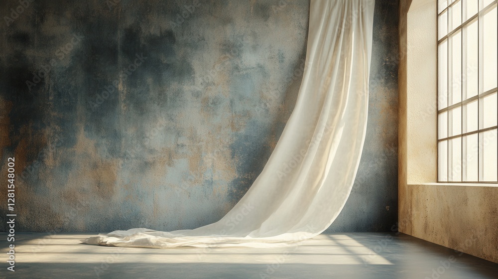 Poster elegant interior with flowing white curtain against textured wall and window casting soft light in e