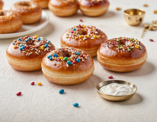 Traditional Hanukkah donuts Sufganiyah, wooden dreidels on white background. Pastries for Jewish holiday Hanukka