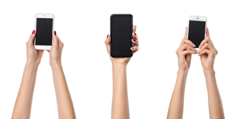 Female hands raising mobile phone on white, digital connection concept, Cut Out