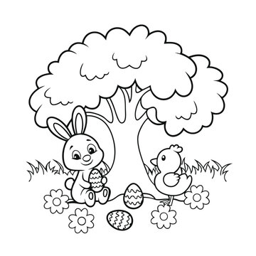 easter bunny chick eggs tree scene clip art preview