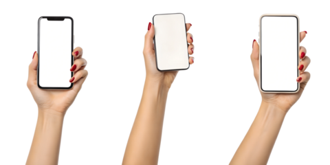 Female hands raising mobile phone on white, modern smartphone usage, Cut Out