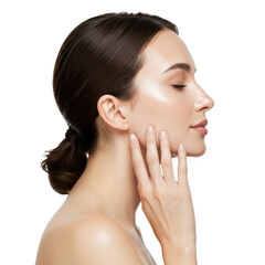 Profile shot of a female skincare model touching her face isolated on White background