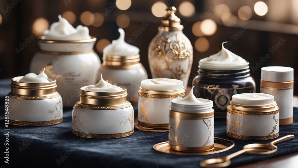 Poster elegant display of luxurious skincare jars arranged on a table with a soft, warm background highligh
