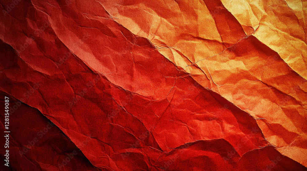 Poster crumpled paper texture in warm red and orange tones, creating depth and contrast