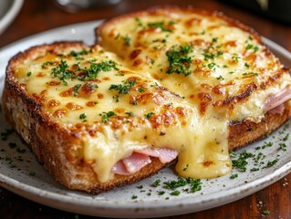 Delicious croque monsieur sandwich with melted cheese and ham on a plate perfect for lunch or dinner close up view