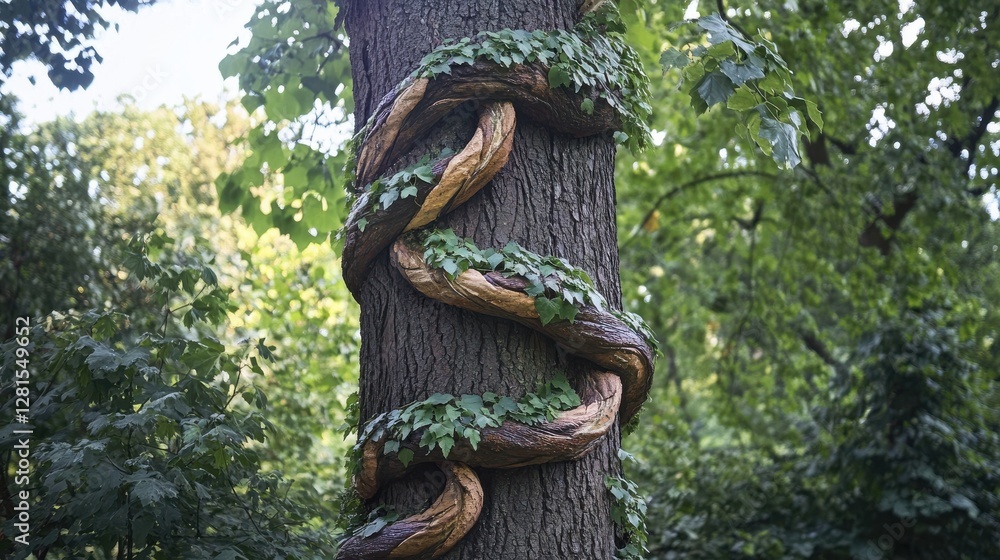 Poster majestic tree with intricate vine patterns in lush forest setting