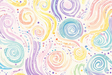 Fototapeta premium Illustration of a whimsical pattern of swirling dots and dashes in a range of pastel colors, creating a playful and fun design. The abstract shapes give the pattern a lighthearted, cheerful feel,