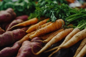 A vibrant display of root vegetables including sweet potatoes, carrots, and parsnips, perfect for elimination diet foods and healthy cooking.